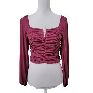 KIRIOUS Size XS Burgundy/Wine Pleated & Ruched Long Sleeve Crop Blouse